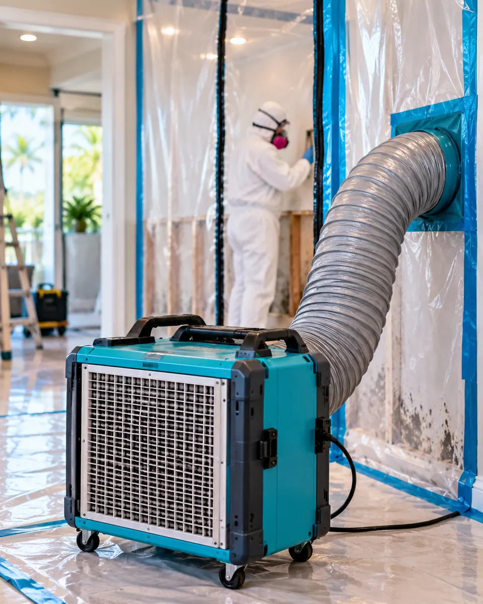 HEPA air scrubber and poly containment set up for mold remediation in Briny Breezes